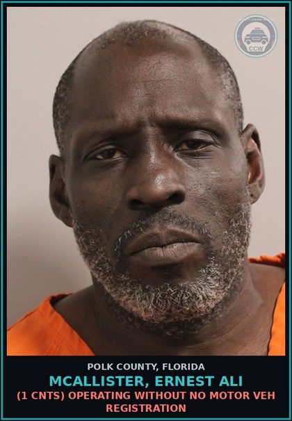 CCW arrest card for MCALLISTER, ERNEST ALI in Polk County: (1 cnts) OPERATING WITHOUT NO MOTOR VEH REGISTRATION