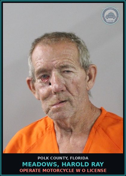 CCW arrest card for MEADOWS, HAROLD RAY in Polk County: OPERATE MOTORCYCLE W O LICENSE