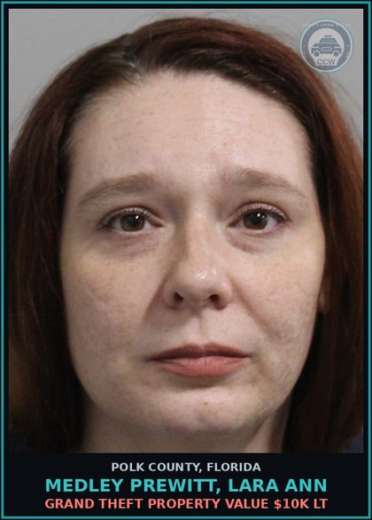 CCW arrest card for MEDLEY PREWITT, LARA ANN in Polk County: Grand Theft Property Value $10K LT