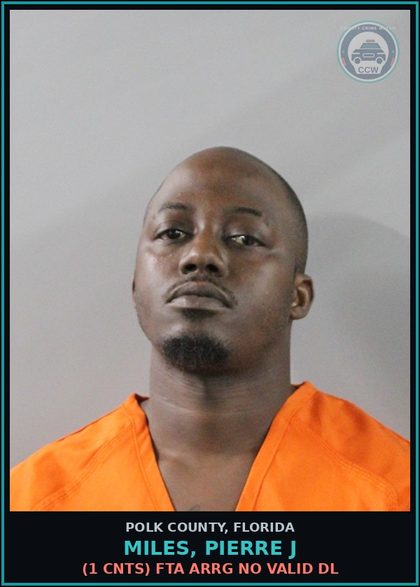 CCW arrest card for MILES, PIERRE J in Polk County: (1 cnts) FTA ARRG NO VALID DL