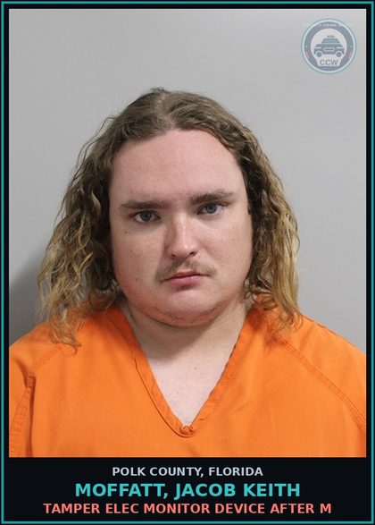 CCW arrest card for MOFFATT, JACOB KEITH in Polk County: Tamper Elec Monitor Device After M