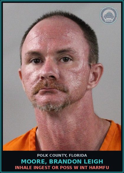 CCW arrest card for MOORE, BRANDON LEIGH in Polk County: Inhale Ingest or Poss W INT Harmfu