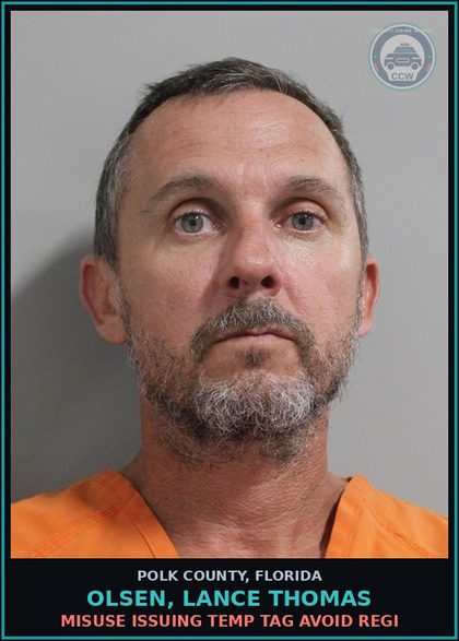 CCW arrest card for OLSEN, LANCE THOMAS in Polk County: Misuse Issuing Temp Tag Avoid Regi