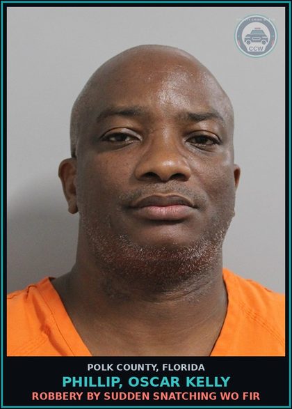 CCW arrest card for PHILLIP, OSCAR KELLY in Polk County: Robbery by Sudden Snatching WO Fir