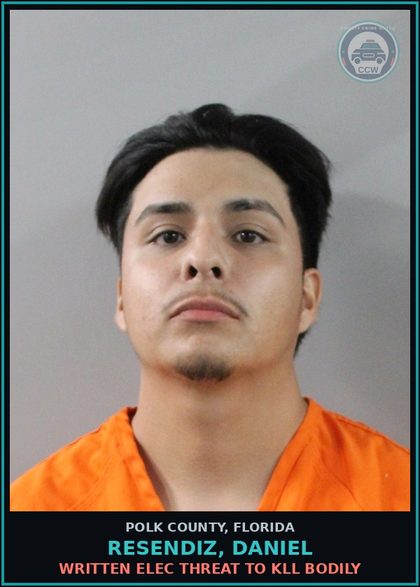 CCW arrest card for RESENDIZ, DANIEL in Polk County: Written Elec Threat to Kill Bodily