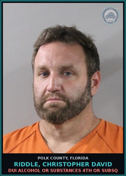 CCW arrest card for RIDDLE, CHRISTOPHER DAVID in Polk County: DUI Alcohol or Drugs 4th or Subsq