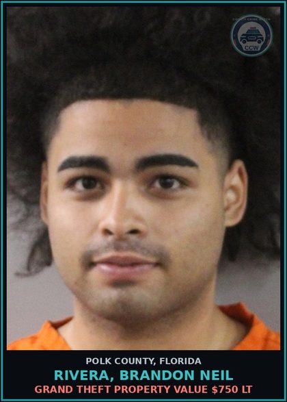 CCW arrest card for RIVERA, BRANDON NEIL in Polk County: Grand Theft Property Value $750 LT