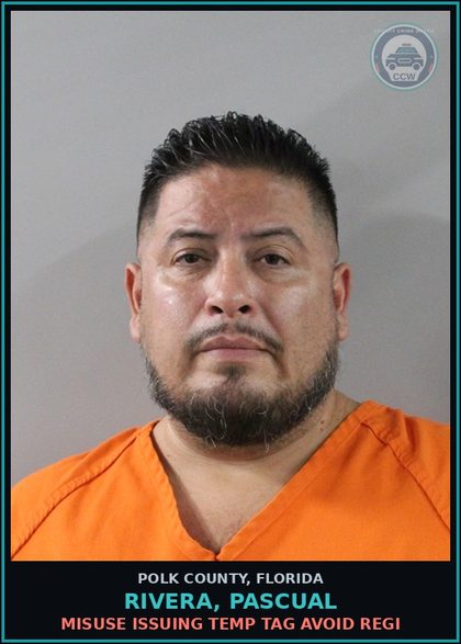 CCW arrest card for RIVERA, PASCUAL in Polk County: Misuse Issuing Temp Tag Avoid Regi