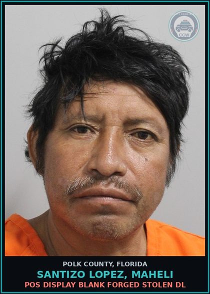 CCW arrest card for SANTIZO LOPEZ, MAHELI in Polk County: Pos Display Blank Forged Stolen DL