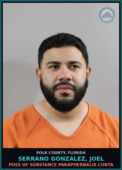 CCW arrest card for SERRANO GONZALEZ, JOEL in Polk County: POSS OF DRUG PARAPHERNALIA CONTA