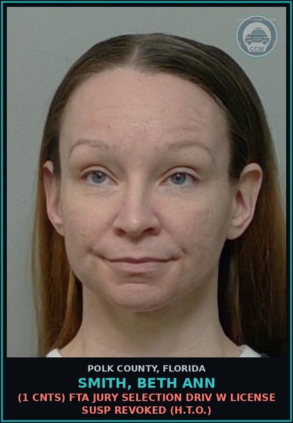 CCW arrest card for SMITH, BETH ANN in Polk County: (1 cnts) FTA JURY SELECTION DRIV W LICENSE SUSP REVOKED (H.T.O.)
