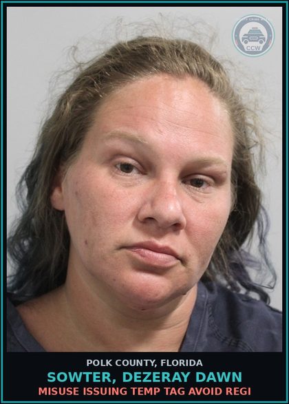 CCW arrest card for SOWTER, DEZERAY DAWN in Polk County: Misuse Issuing Temp Tag Avoid Regi