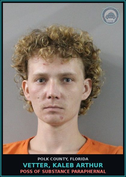 CCW arrest card for VETTER, KALEB ARTHUR in Polk County: Keep Pub Nuisance Structure f Drug