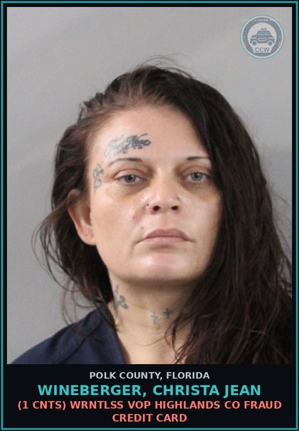 CCW arrest card for WINEBERGER, CHRISTA JEAN in Polk County: (1 cnts) WRNTLSS VOP HIGHLANDS CO FRAUD CREDIT CARD