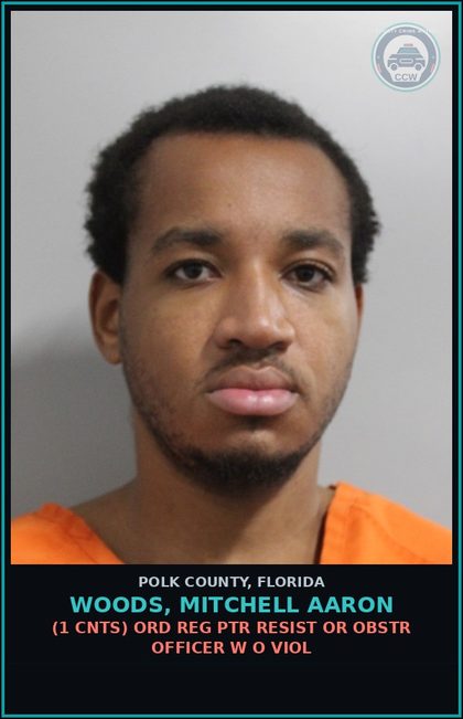 CCW arrest card for WOODS, MITCHELL AARON in Polk County: (1 cnts) ORD REG PTR RESIST OR OBSTR OFFICER W O VIOL