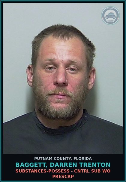 CCW arrest card for BAGGETT, DARREN TRENTON in Putnam County: DRUGS-POSSESS - CNTRL SUB WO PRESCRIPTION