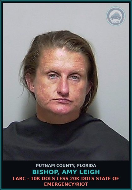 CCW arrest card for BISHOP, AMY LEIGH in Putnam County: LARC - 10K DOLS LESS 20K DOLS STATE OF EMERGENCY/RIOT