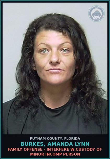 CCW arrest card for BURKES, AMANDA LYNN in Putnam County: FAMILY OFFENSE - INTERFERE W CUSTODY OF MINOR INCOMP PERSON
