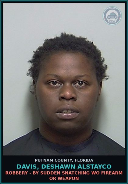 CCW arrest card for DAVIS, DESHAWN ALSTAYCO in Putnam County: VEH THEFT - GRAND THEFT OF MOTOR VEHICLE