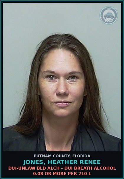 CCW arrest card for JONES, HEATHER RENEE in Putnam County: DUI-UNLAW BLD ALCH - DUI BREATH ALCOHOL 0.08 OR MORE PER 210 L