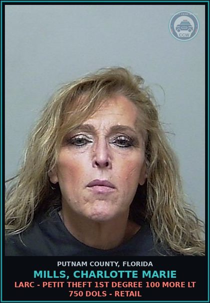 CCW arrest card for MILLS, CHARLOTTE MARIE in Putnam County: LARC - PETIT THEFT 1ST DEGREE 100 MORE LT 750 DOLS - RETAIL