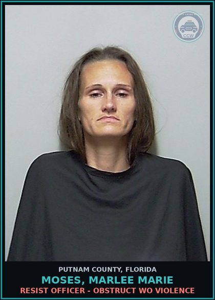 CCW arrest card for MOSES, MARLEE MARIE in Putnam County: DRUGS-POSSESS - CNTRL SUB WO PRESCRIPTION