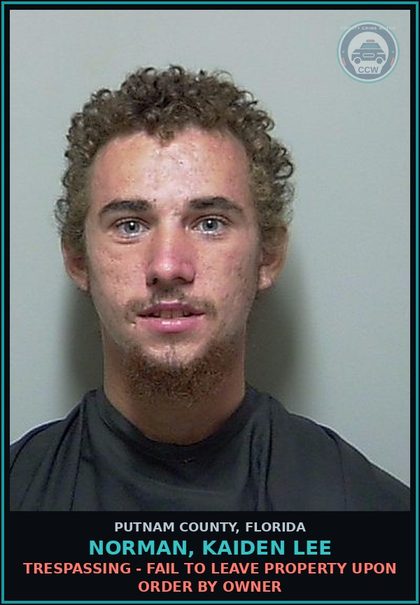 CCW arrest card for NORMAN, KAIDEN LEE in Putnam County: TRESPASSING - FAIL TO LEAVE PROPERTY UPON ORDER BY OWNER