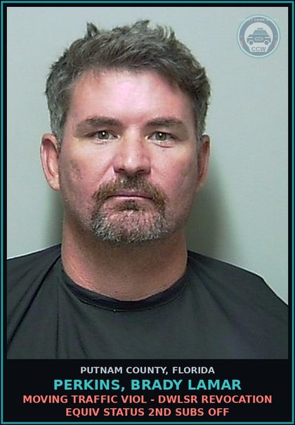 CCW arrest card for PERKINS, BRADY LAMAR in Putnam County: MOVING TRAFFIC VIOL - DWLSR REVOCATION EQUIV STATUS 2ND SUBS OFF