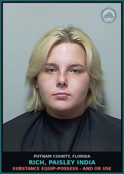 CCW arrest card for RICH, PAISLEY INDIA in Putnam County: DRUG EQUIP-POSSESS - AND OR USE
