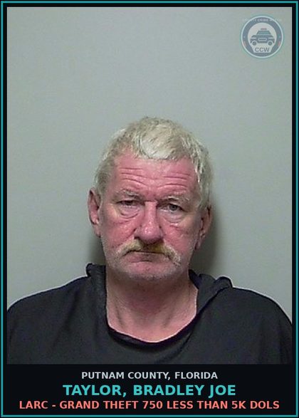 CCW arrest card for TAYLOR, BRADLEY JOE in Putnam County: LARC - GRAND THEFT 750 LESS THAN 5K DOLS