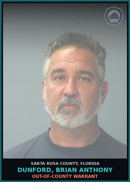 CCW arrest card for DUNFORD, BRIAN ANTHONY in Santa Rosa County: OUT-OF-COUNTY WARRANT