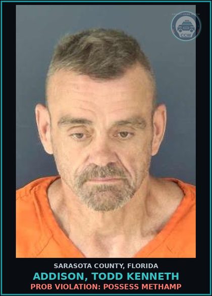 CCW arrest card for ADDISON, TODD KENNETH in Sarasota County: PROB VIOLATION: POSSESS METHAMP