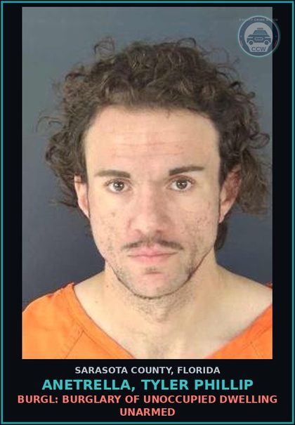 CCW arrest card for ANETRELLA, TYLER PHILLIP in Sarasota County: SUBSTANCES-POSSESS: POSSESS CONTR SUBSTANCE W/O PRESCRP CO. CAINE