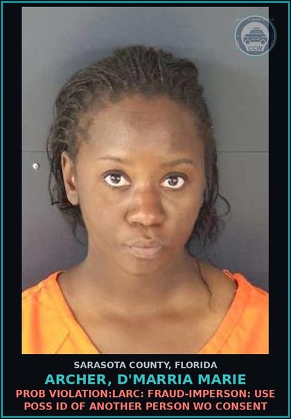 CCW arrest card for ARCHER, D'MARRIA MARIE in Sarasota County: PROB VIOLATION:LARC: POSS RECEIVE RETAIN STOLEN CREDIT DEBIT CARD