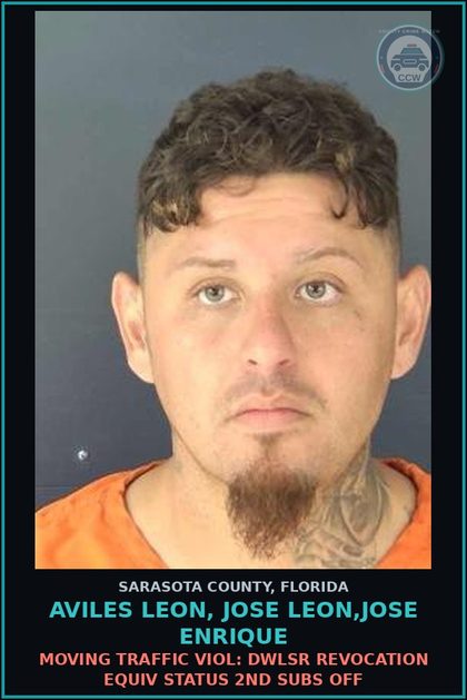 CCW arrest card for AVILES LEON, JOSE LEON,JOSE ENRIQUE in Sarasota County: MOVING TRAFFIC VIOL: DWLSR REVOCATION EQUIV STATUS 2ND SUBS OFF