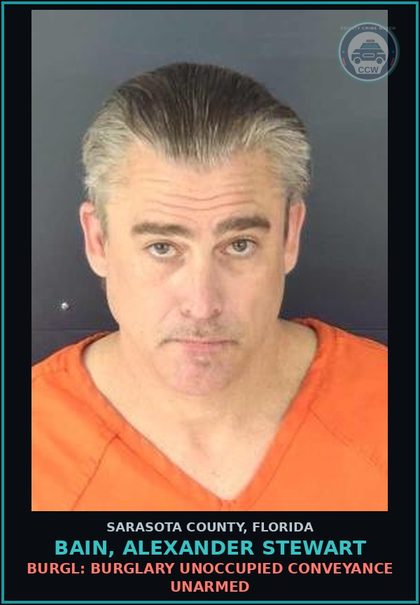 CCW arrest card for BAIN, ALEXANDER STEWART in Sarasota County: BURGL: BURGLARY UNOCCUPIED CONVEYANCE UNARMED