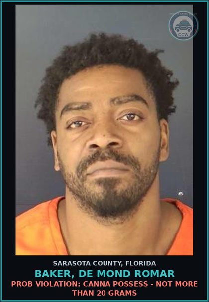CCW arrest card for BAKER, DE MOND ROMAR in Sarasota County: PROB VIOLATION: CANNA POSSESS - NOT MORE THAN 20 GRAMS