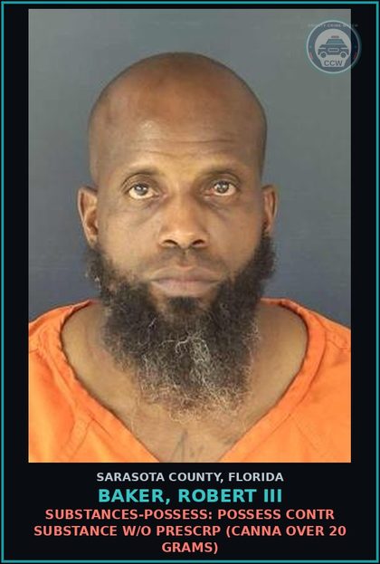 CCW arrest card for BAKER, ROBERT III in Sarasota County: SUBSTANCES-POSSESS: POSSESS CONTR SUBSTANCE W/O PRESCRP (CANNA OVER 20 GRAMS)
