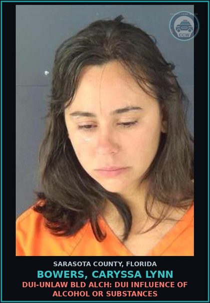 CCW arrest card for BOWERS, CARYSSA LYNN in Sarasota County: DUI-UNLAW BLD ALCH: DUI INFLUENCE OF ALCOHOL OR SUBSTANCES