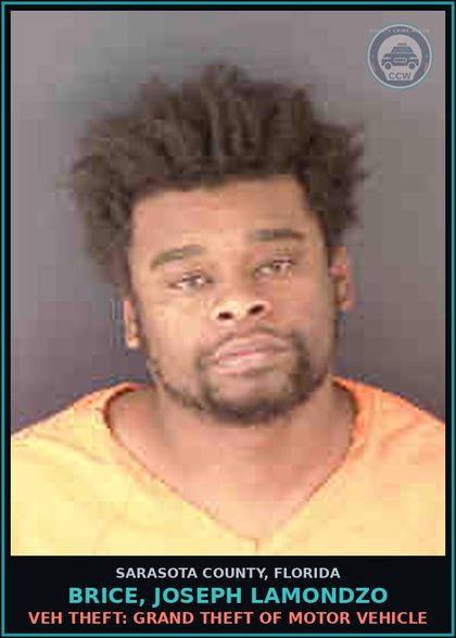 CCW arrest card for BRICE, JOSEPH LAMONDZO in Sarasota County: VEH THEFT: GRAND THEFT OF MOTOR VEHICLE