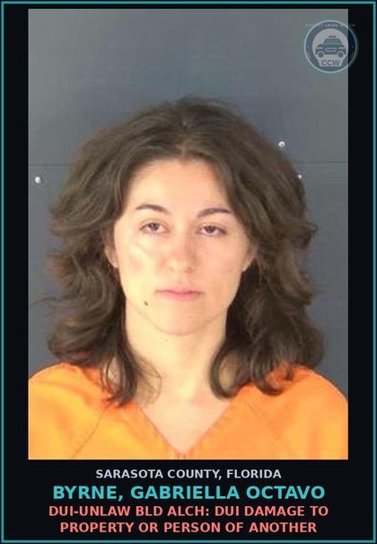CCW arrest card for BYRNE, GABRIELLA OCTAVO in Sarasota County: DUI-UNLAW BLD ALCH: DUI DAMAGE TO PROPERTY OR PERSON OF ANOTHER