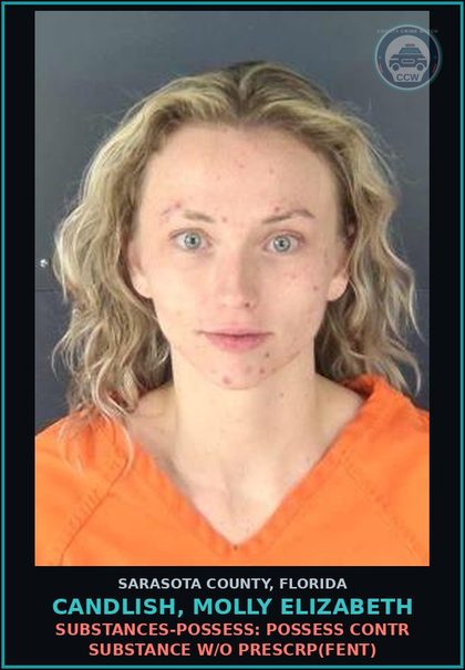 CCW arrest card for CANDLISH, MOLLY ELIZABETH in Sarasota County: SUBSTANCES-POSSESS: POSSESS CONTR SUBSTANCE W/O PRESCRP(FENT)