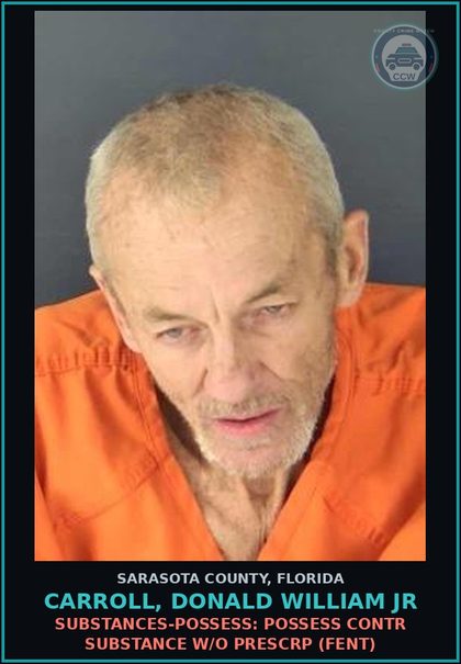 CCW arrest card for CARROLL, DONALD WILLIAM JR in Sarasota County: SUBSTANCES-POSSESS: POSSESS CONTR SUBSTANCE W/O PRESCRP (FENT)