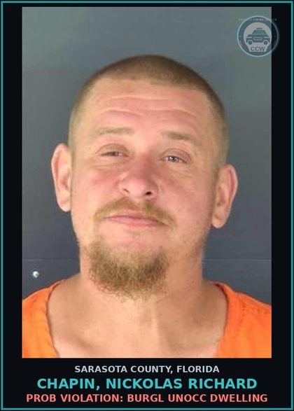 CCW arrest card for CHAPIN, NICKOLAS RICHARD in Sarasota County: PROB VIOLATION: BURGL UNOCC DWELLING