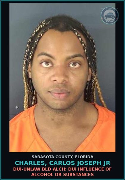 CCW arrest card for CHARLES, CARLOS JOSEPH JR in Sarasota County: DUI-UNLAW BLD ALCH: DUI INFLUENCE OF ALCOHOL OR SUBSTANCES