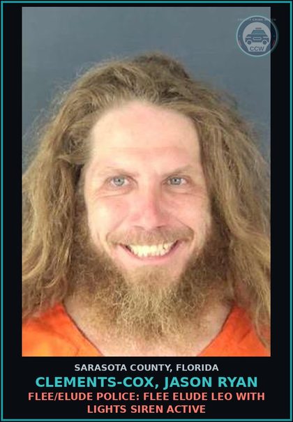 CCW arrest card for CLEMENTS-COX, JASON RYAN in Sarasota County: FLEE/ELUDE POLICE: FLEE ELUDE LEO WITH LIGHTS SIREN ACTIVE