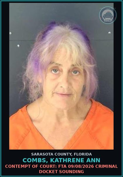 CCW arrest card for COMBS, KATHRENE ANN in Sarasota County: CONTEMPT OF COURT: FTA 09/08/2026 CRIMINAL DOCKET SOUNDING
