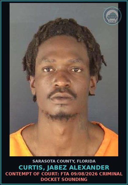 CCW arrest card for CURTIS, JABEZ ALEXANDER in Sarasota County: CONTEMPT OF COURT: FTA 09/08/2026 CRIMINAL DOCKET SOUNDING