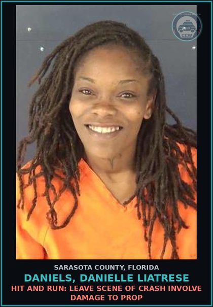 CCW arrest card for DANIELS, DANIELLE LIATRESE in Sarasota County: HIT AND RUN: LEAVE SCENE OF CRASH INVOLVE DAMAGE TO PROP