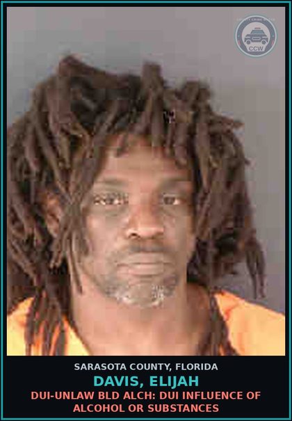 CCW arrest card for DAVIS, ELIJAH in Sarasota County: SUBSTANCES-TRAFFIC: TRAFFIC FENT/FENT ANALOGUES 4 GRAMS+
